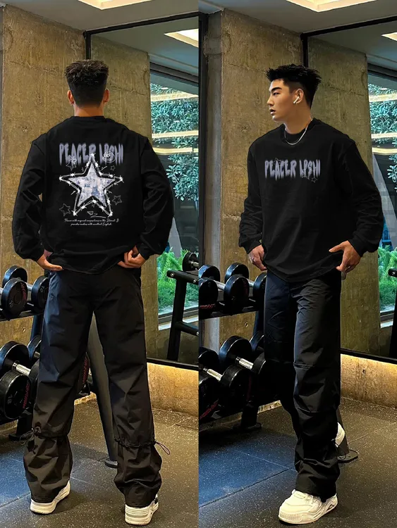 【重磅纯棉】春秋新款休闲圆领美式运动宽松潮流高街百搭男长袖T恤