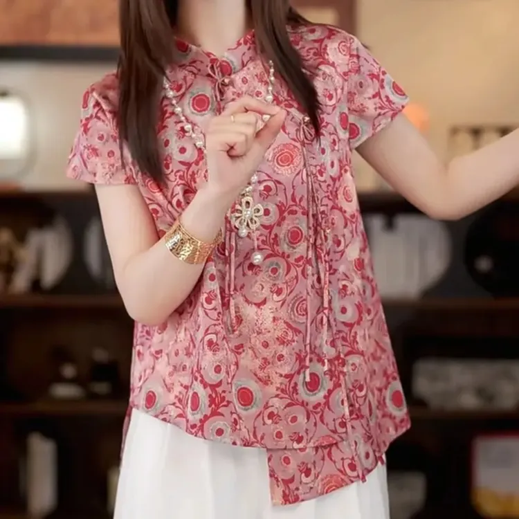 【嫣雨】新中式国风立领斜开襟三盘扣长流苏时尚洋气气质提花上衣