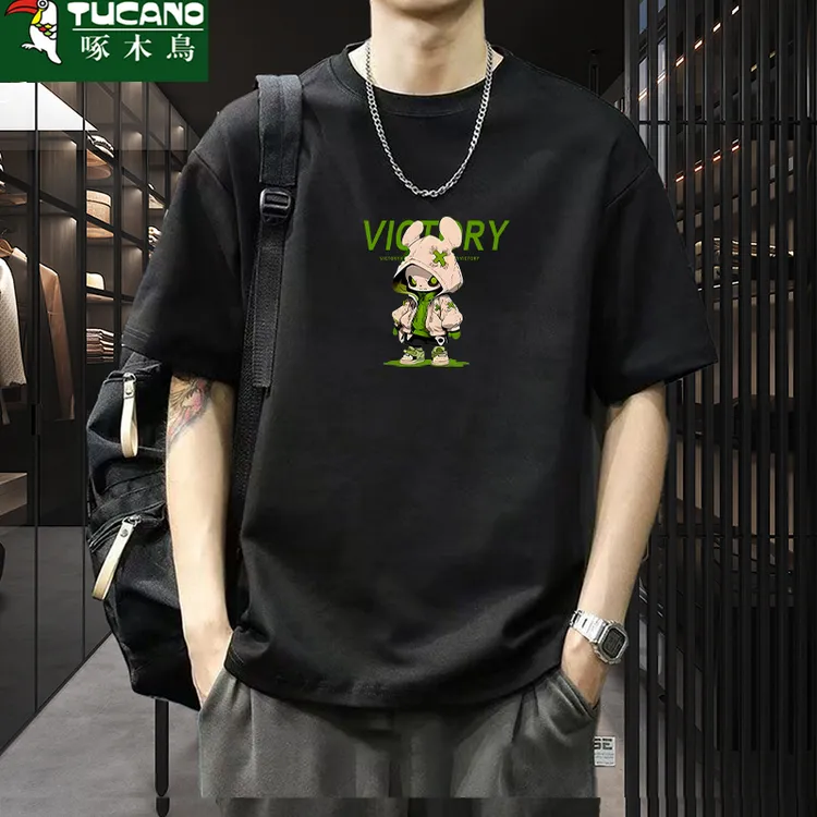 啄木鸟纯棉短袖t恤男夏季新款潮流印花圆领宽松运动百搭韩版上衣