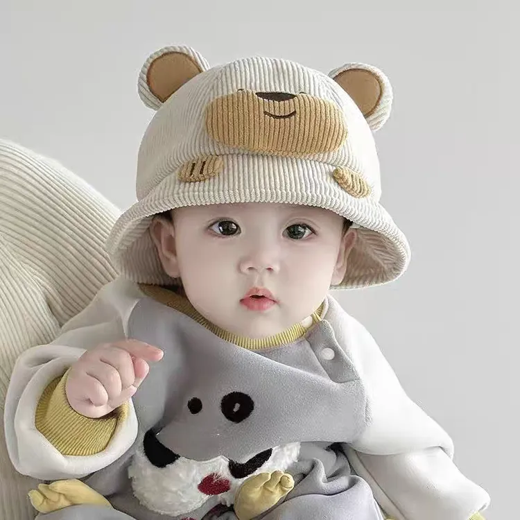 婴儿帽子秋冬季保暖防风可爱宝宝渔夫帽男女童小月龄超萌小熊盆帽