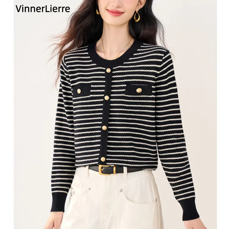 薇妮诺小香风针织衫气质温柔秋季圆领套头长袖条纹短款针织衫毛衣