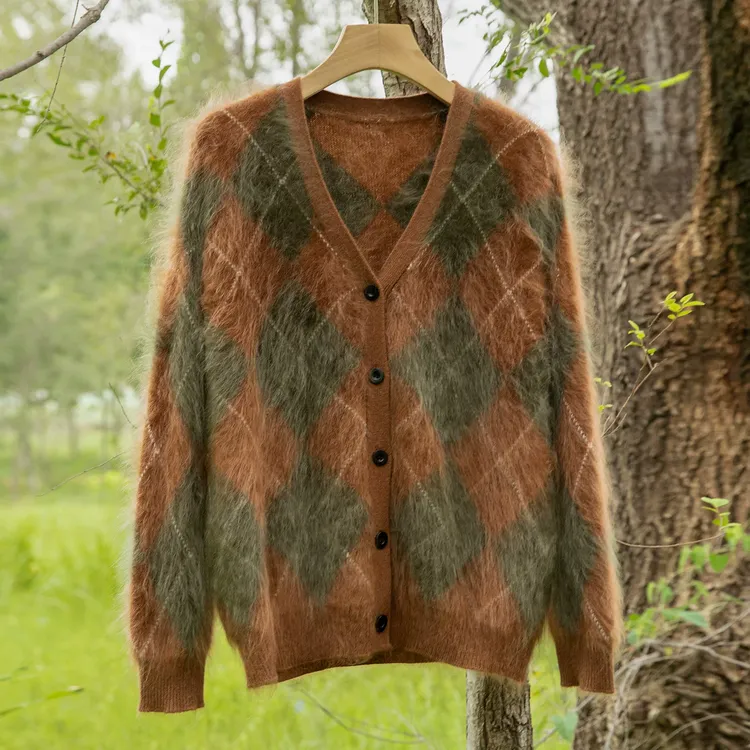 爆款复古撞色！菱形格软糯100%山羊绒开衫~拉绒设计感长袖外套