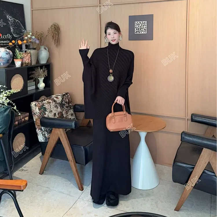 简约显瘦高领针织衫宽松蝙蝠袖上衣A字半裙时尚秋冬套装商品图