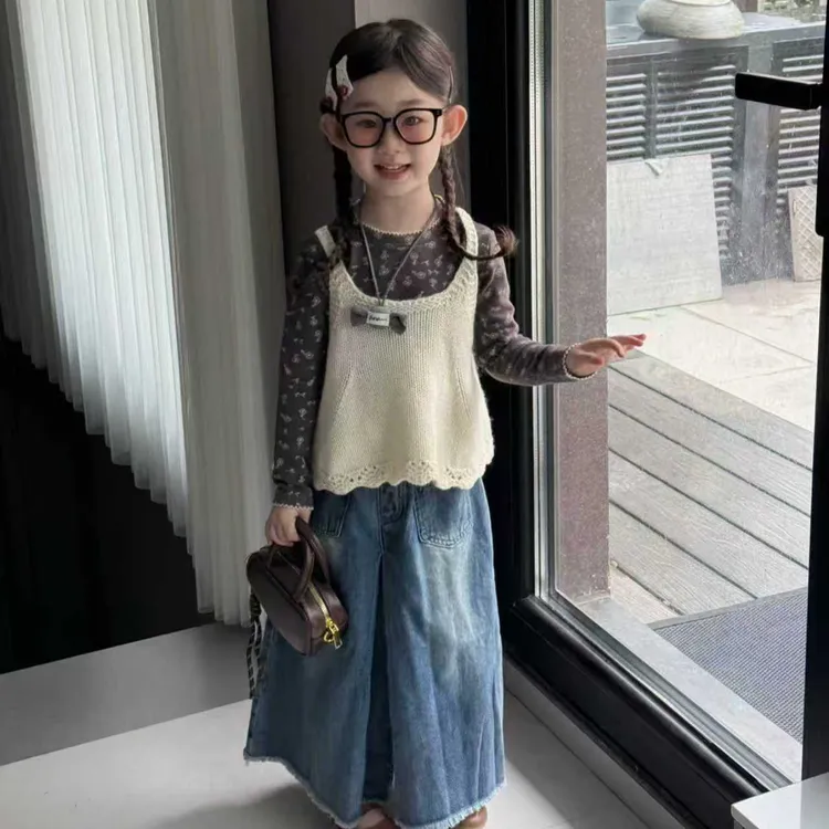 女童秋装套装2025新款网红儿童洋气针织马甲上衣女宝牛仔裤童装