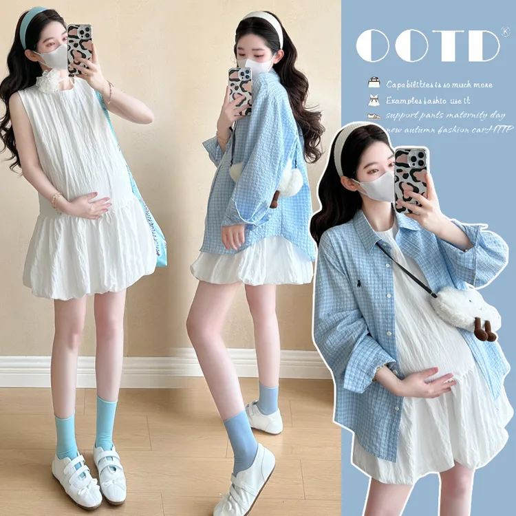 时髦孕妇装新款2025夏季新款韩版时尚宽松洋气背心裙格子绣花衬衫