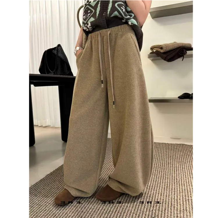 慵懒松弛感高腰休闲加绒阔腿裤女秋冬宽松加厚卫裤垂感软糯弯刀裤