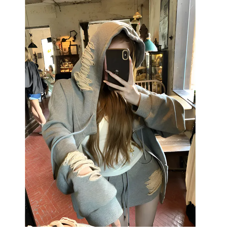 重工磨破洗水工艺宽松开衫卫衣套装女包臀半身裙潮牌两件套C6065