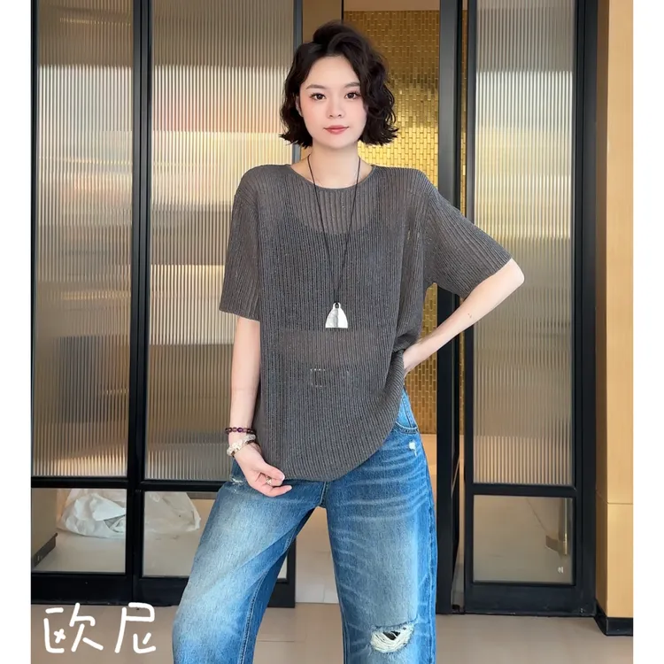 欧尼私服 2025夏圆领百搭薄款针织短袖T恤上衣2505C2452