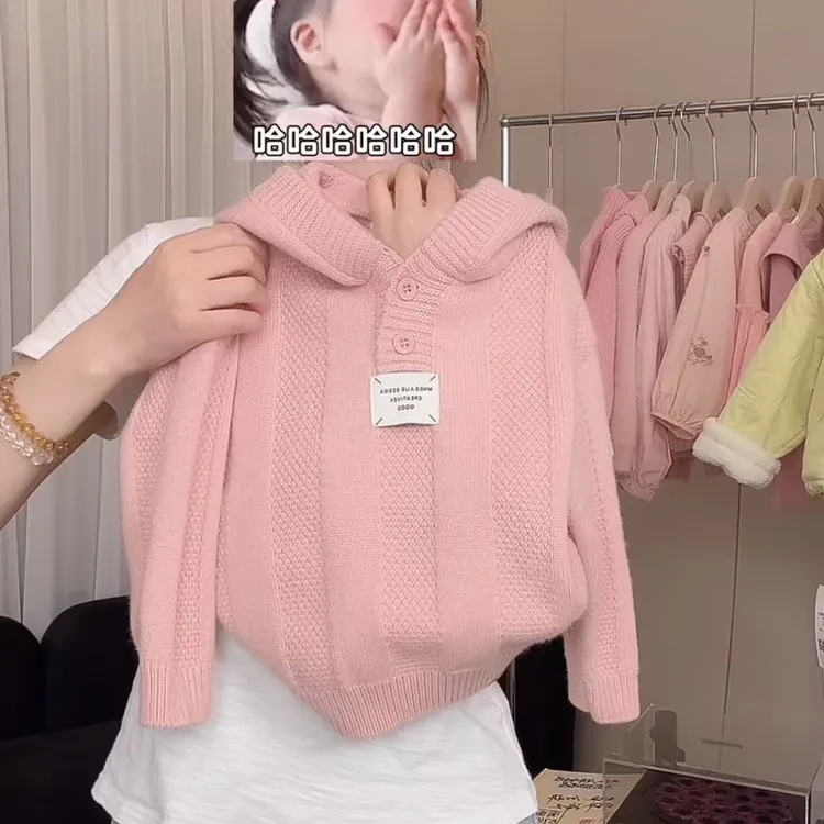女童秋冬针织衫洋气新款儿童粉色连帽小标毛衣