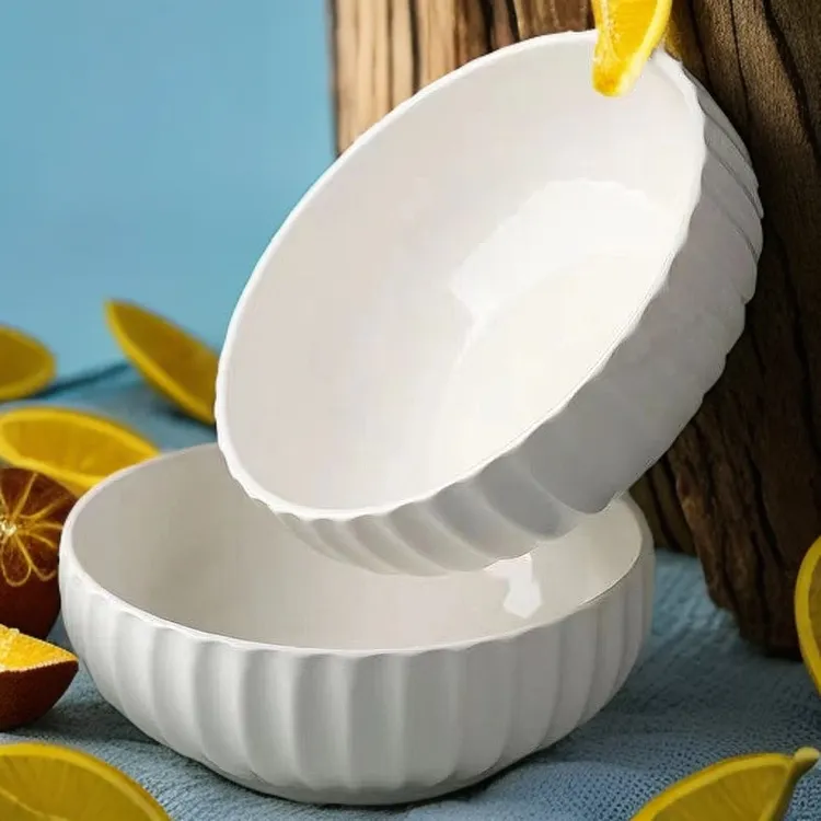 【瓷县令】10英寸陶瓷南瓜汤碗汤盆家用纯白浮雕大汤碗加厚加深