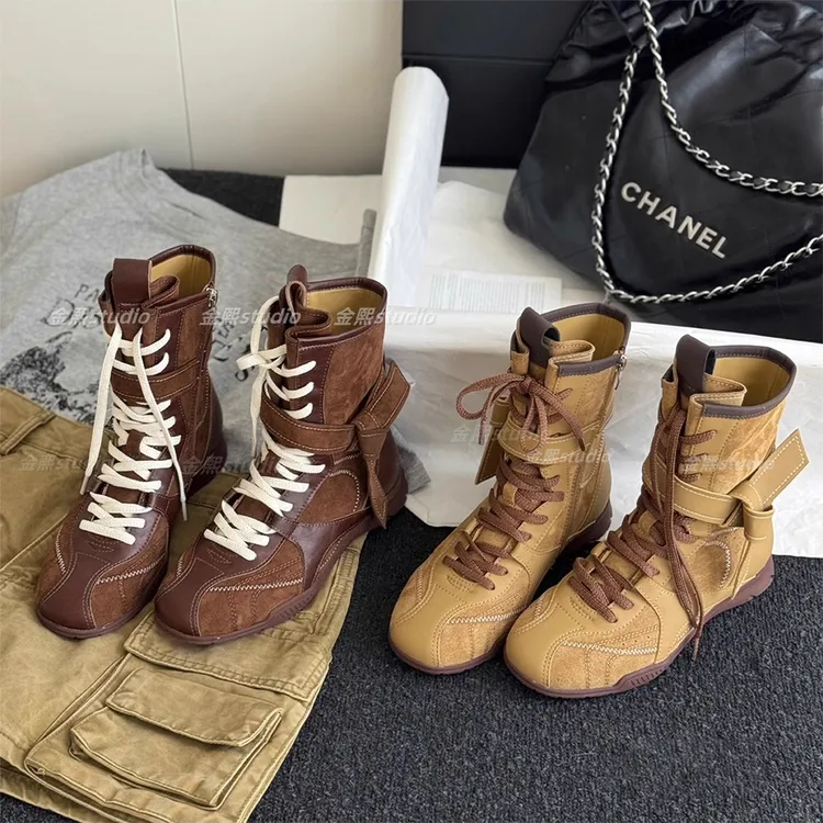 牛皮版~美拉德复古增高系带马丁靴女磨砂皮拳击靴子运动德训靴