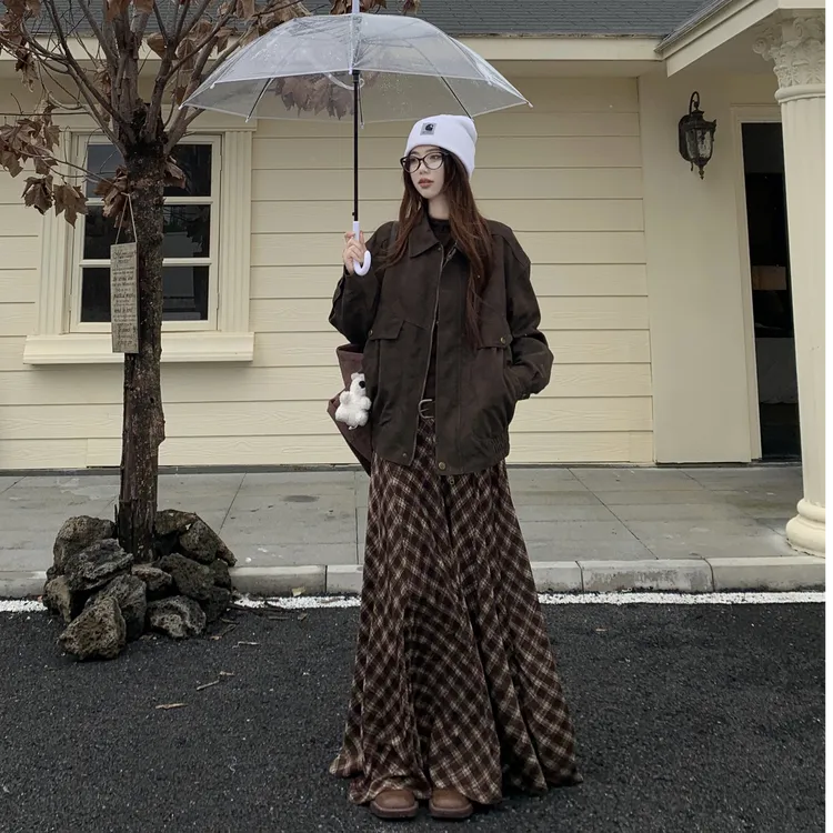 秋冬美拉德宽松百搭外套上衣+大裙摆A字格子半身裙长裙