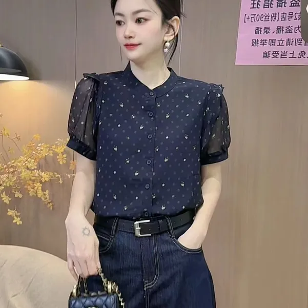【6531】新品减龄碎花印花衬衫宽松百搭短袖（单层不透）