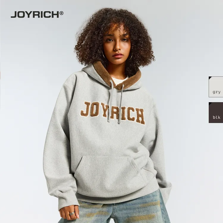 JOYRICH美式复古宽松休闲加绒毛领连帽卫衣25冬季新品男女同款