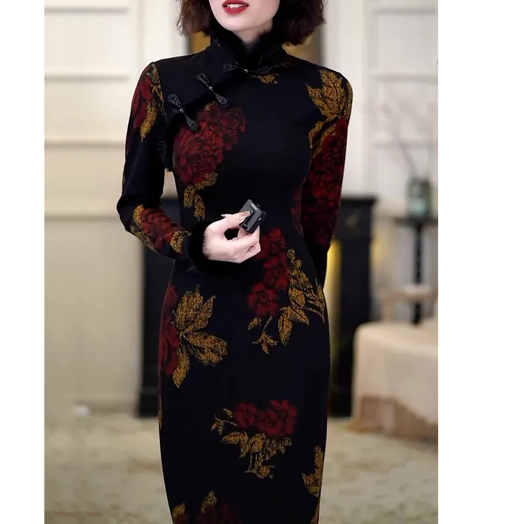 新中式复古改良旗袍连衣裙2025秋冬新款优雅洋气修身显瘦高贵长裙