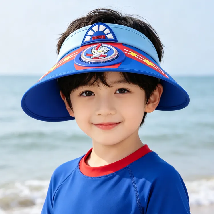 奥特曼儿童电风扇帽夏季男童防晒空顶帽遮阳帽宝宝大檐卡通太阳帽