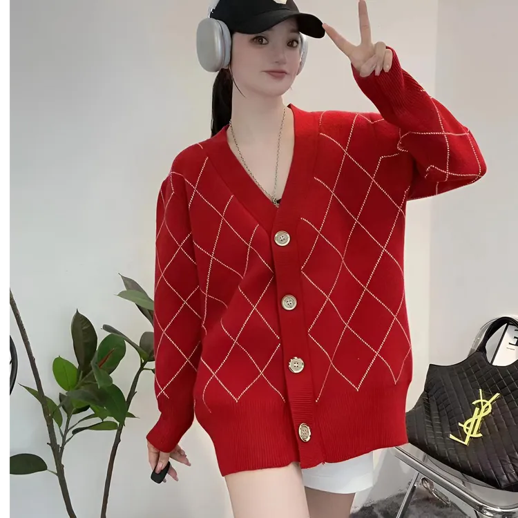 网红毛针织衫常规开衫短款小香风厚款毛衣纯色正肩袖