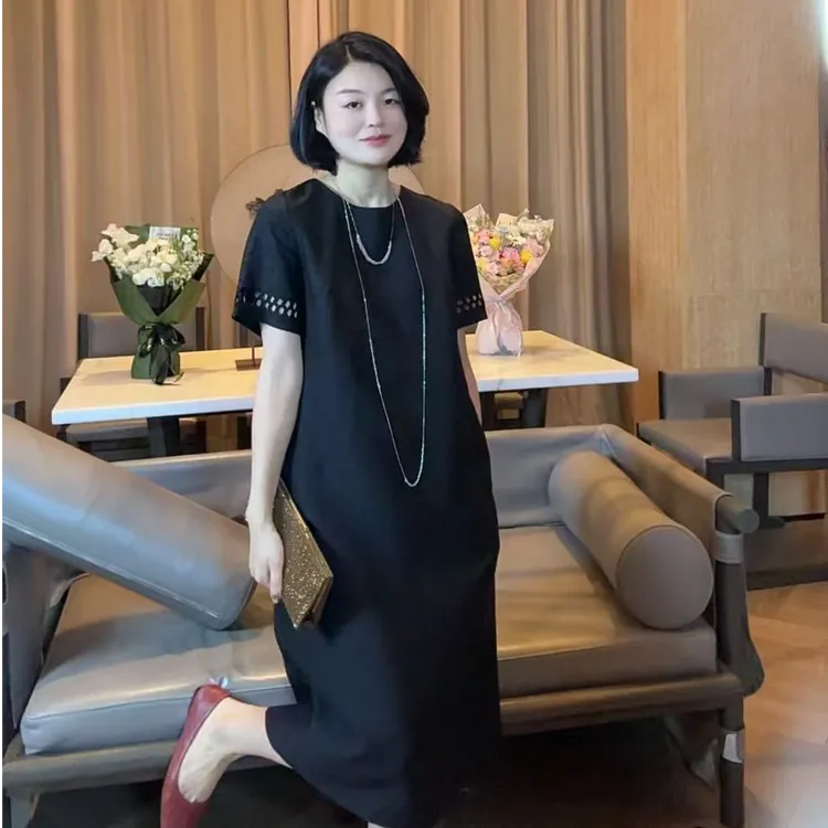 TANTAN  真丝香云纱 气质袖口圆孔连衣裙 LL  2213