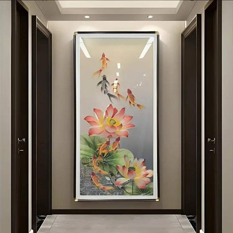 苏绣荷花九鱼图新中式玄关装饰画走廊过道挂画