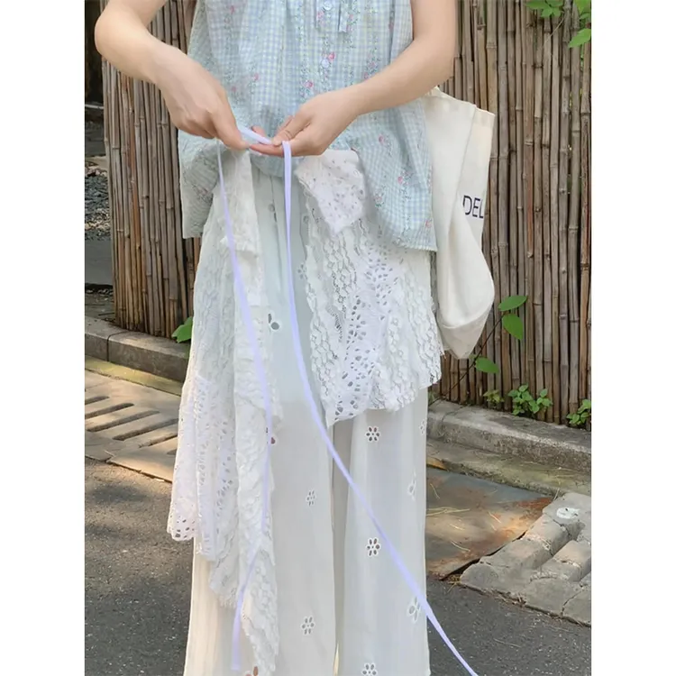 甜美减龄蕾丝拼接碎花衬衫镂空阔腿休闲裤套装女2025夏季新款穿搭