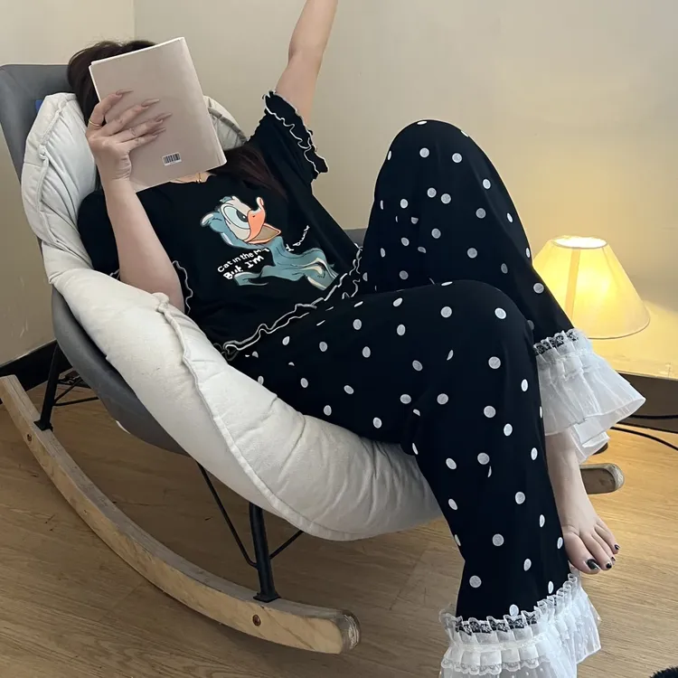 可爱唐老鸭短袖睡衣女夏季新款大码长裤外穿家居服套装荷叶边