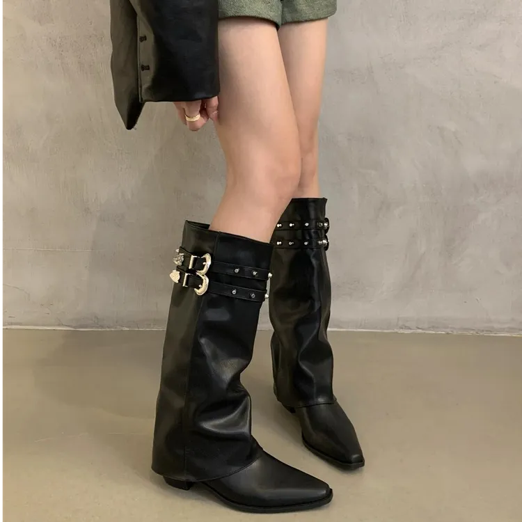 甜酷辣妹气质粗跟复古黑色英伦风长筒尖头骑士库管靴铆钉骑士靴