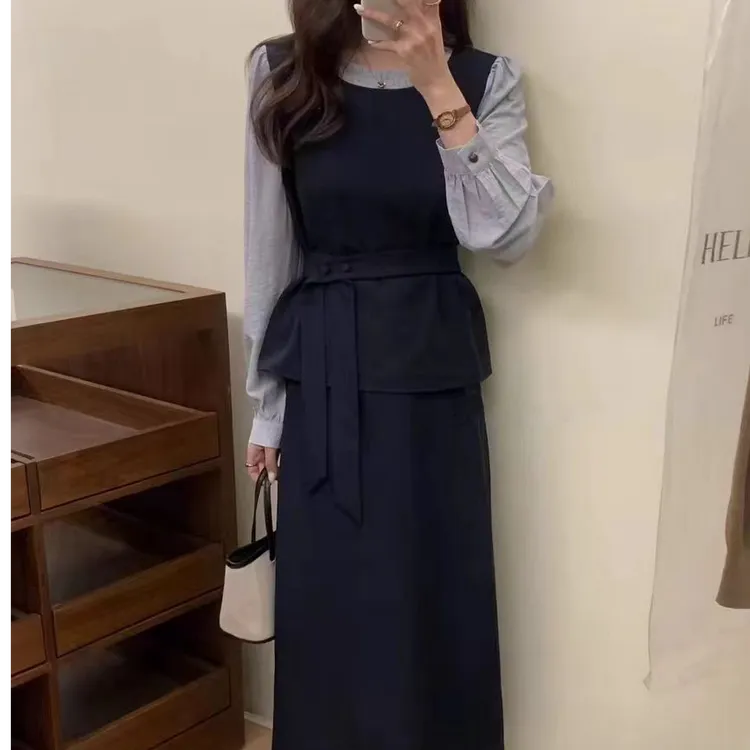 2025秋季新款韩系女洋气减龄百搭显瘦时尚套装假两件长裙两件套