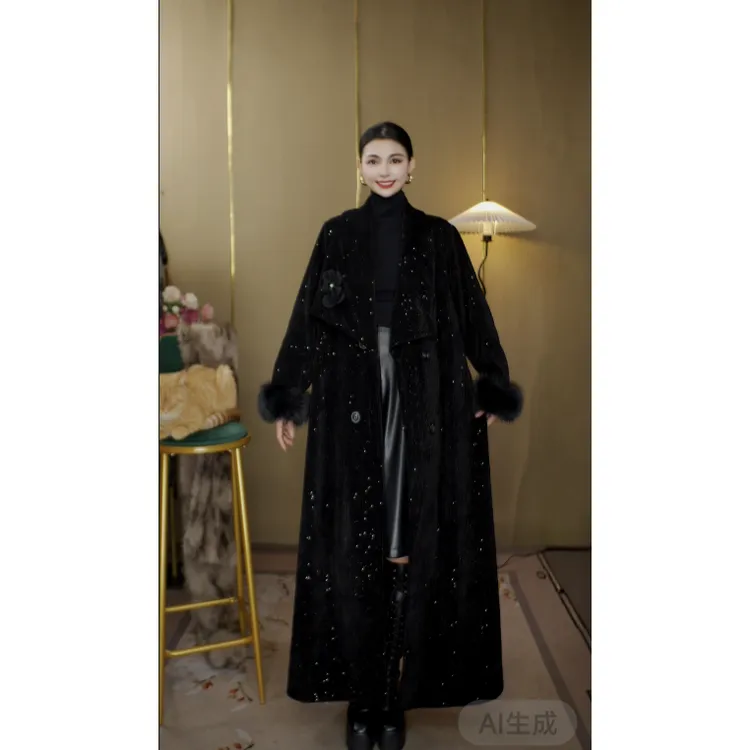 【618】灯芯绒大翻领法式宫廷风黑色大码加厚宽松型大衣