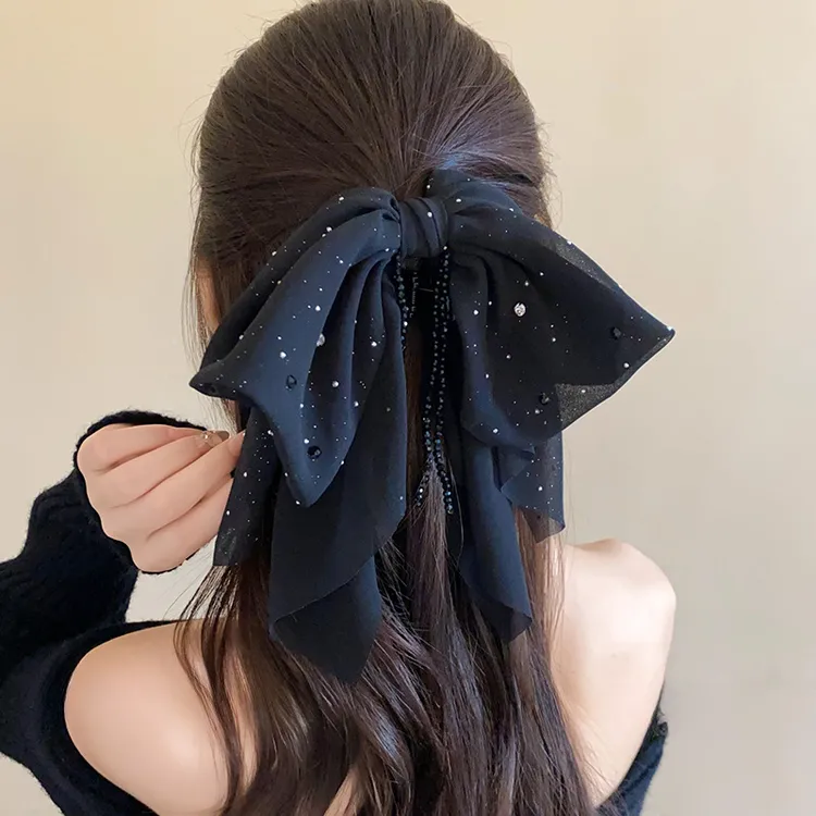 新款女发卡鲨鱼夹人造水晶镶钻褶皱蝴蝶结盘发韩系时尚高级感发饰