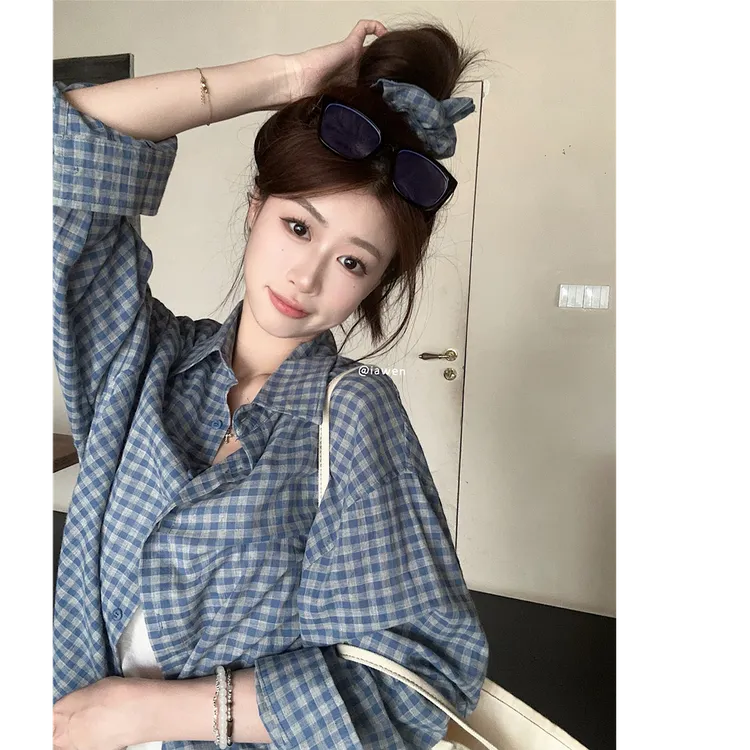 格子衬衫外套女秋季2025新款甜美宽松衬衣长袖复古上衣赠送头花