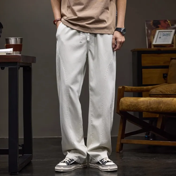春夏薄款莱赛天丝休闲裤男士宽松垂感阔腿裤潮牌设计感拼接直筒裤