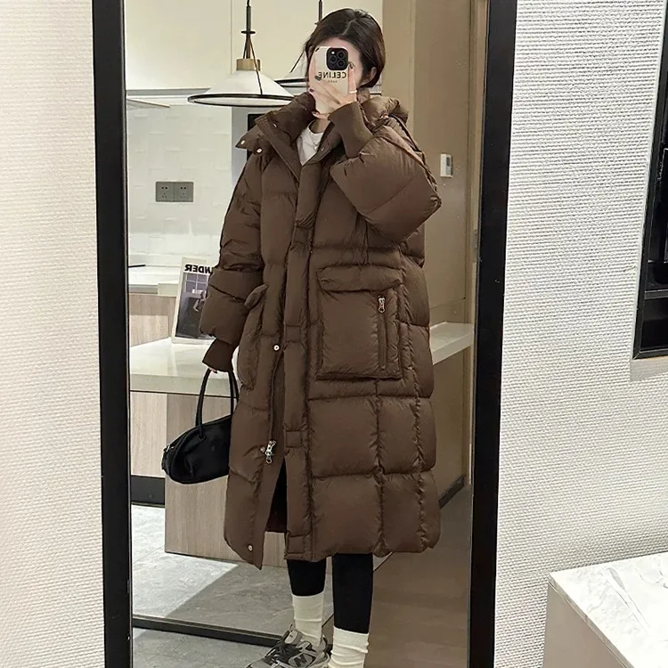 皮标款加厚羽绒服长款2024新款大被子宽松连帽鸭绒冬季保暖过膝