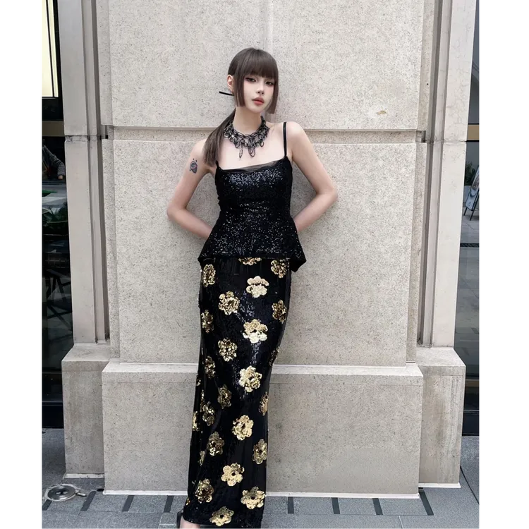 原创设计明星同款！中式高级感重工繁花珠片提花衬衫半裙套装