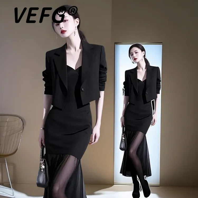 VEFG新款法式独特漂亮短款黑色西装外套2025春季网纱连衣裙套装女