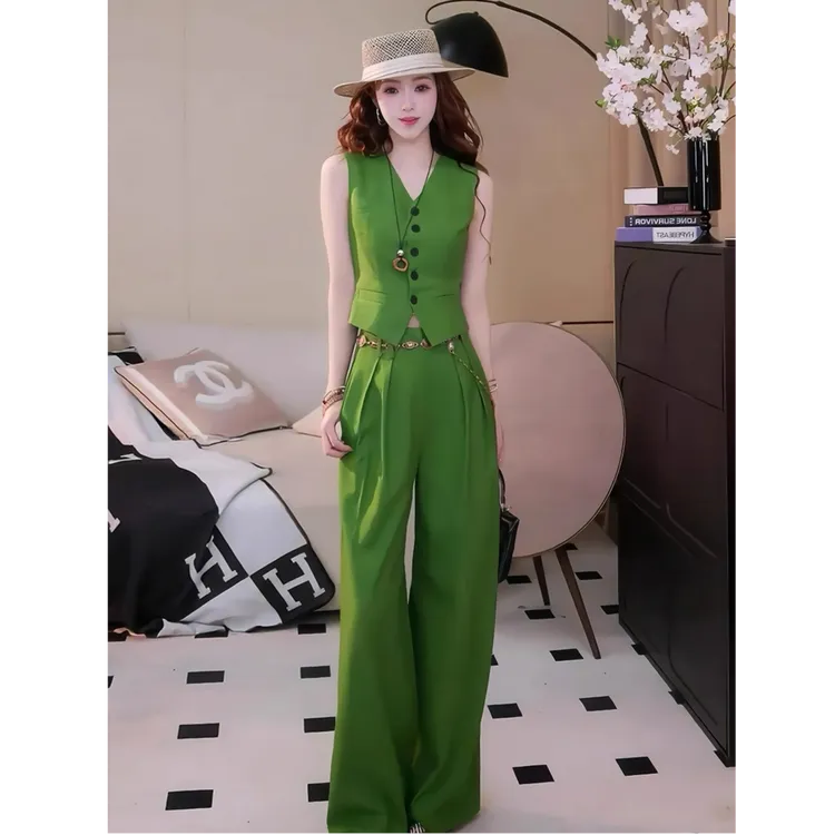 紫色韩系时尚气质轻奢无袖马甲女2025年夏季新款宽松阔腿长裤套装