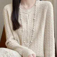 100纯羊毛圆领加厚开衫女气质百搭羊毛衫D335清