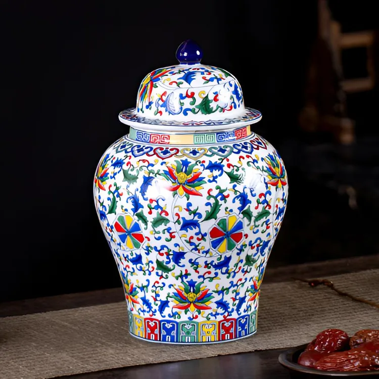 五彩白斗彩珐琅彩陶瓷茶叶罐密封储物中式摆件手工青花缠枝普洱罐