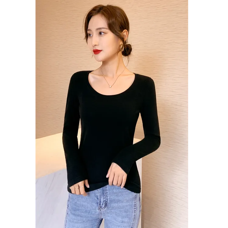 黑色打底衫女春秋冬新款修身显瘦内搭德绒加厚保暖女纯色圆领上衣