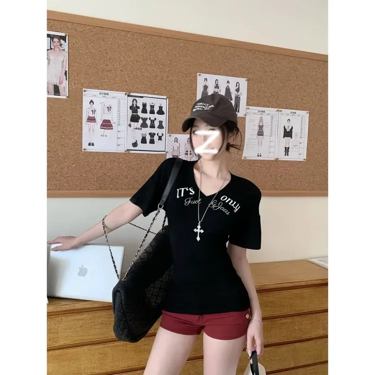 美式辣妹修身显瘦字母印花短袖T恤女装夏季百搭chic上衣3912