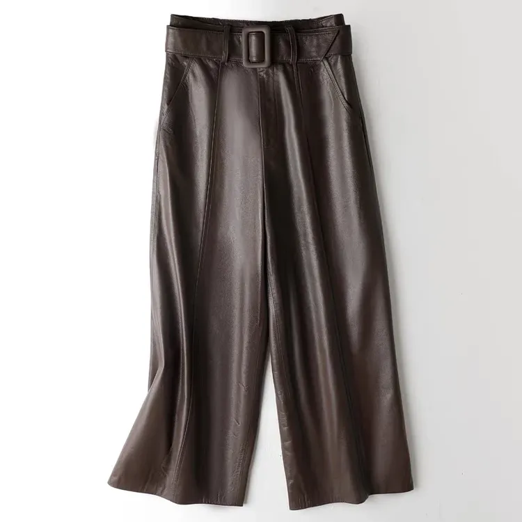 2025海宁皮裤女高腰绵羊皮阔腿九分裤时尚百搭加绒直筒裤RY-2382#