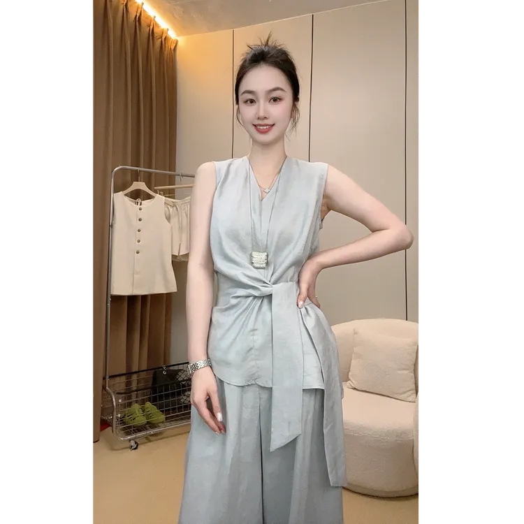 韩系气质 V 领3129无袖收腰设计感绑带小衫+高腰阔腿裤两件套小众