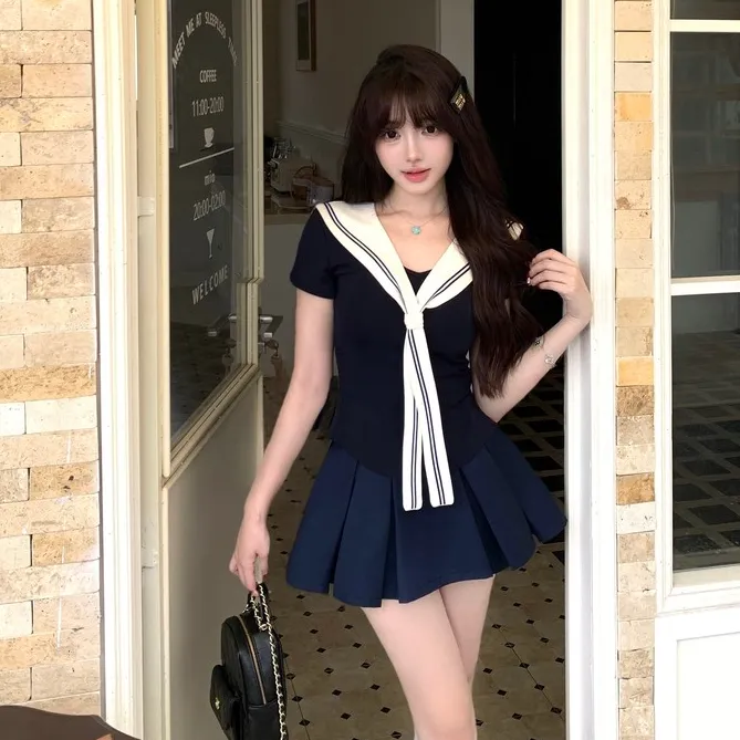 辣妹设计感半身裙两件套女气质海军领修身披肩短袖长袖藏青色短裙
