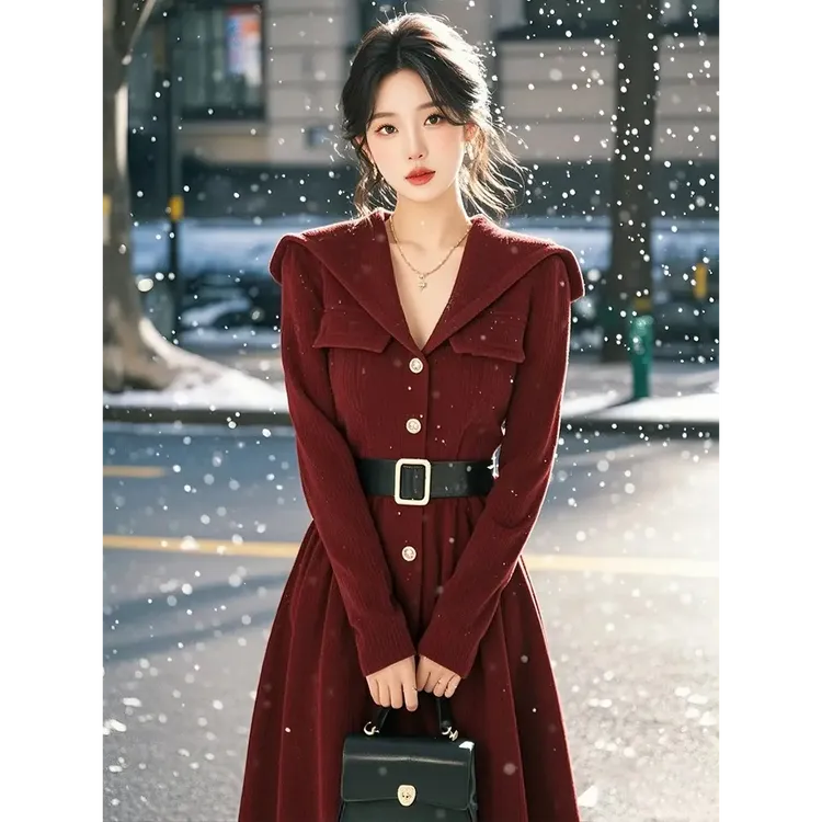 4121酒红色连帽灯芯绒连衣裙秋冬千金感穿搭漂亮独特御姐中长款裙