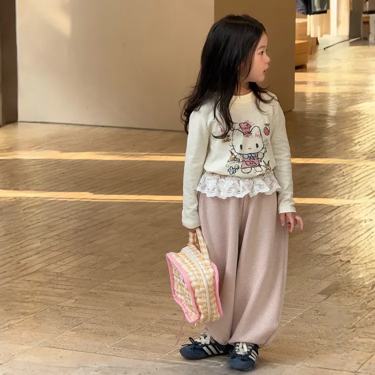 韩系女童2025秋季款可爱卡通印花长袖T恤女宝洋气花边粉色卫裤