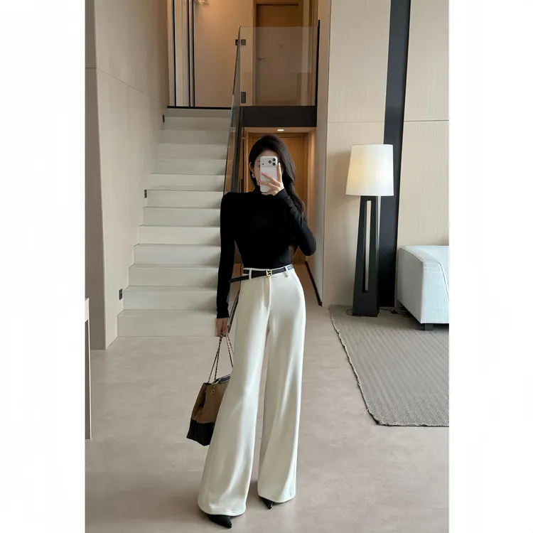 云绒慕斯羊毛直筒阔腿百搭休闲简约通勤高腰休闲裤气质上班族女装