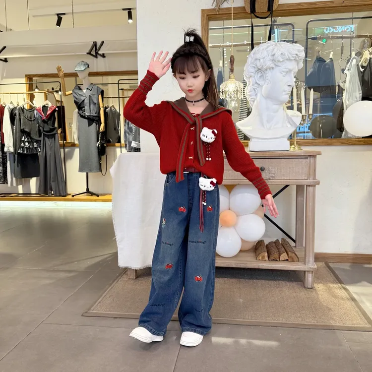 女童针织衫秋冬新款中大童显瘦百搭毛衣套装牛仔加绒加厚猫咪裤子
