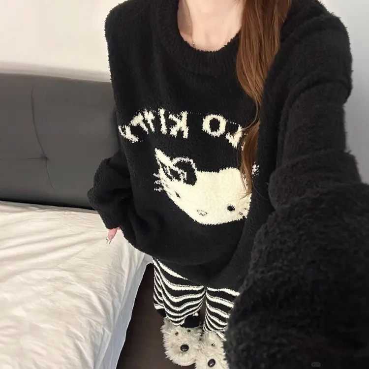 黑色kitty半边绒睡衣套装女秋冬2025新款软绵绵可外穿加厚家居服