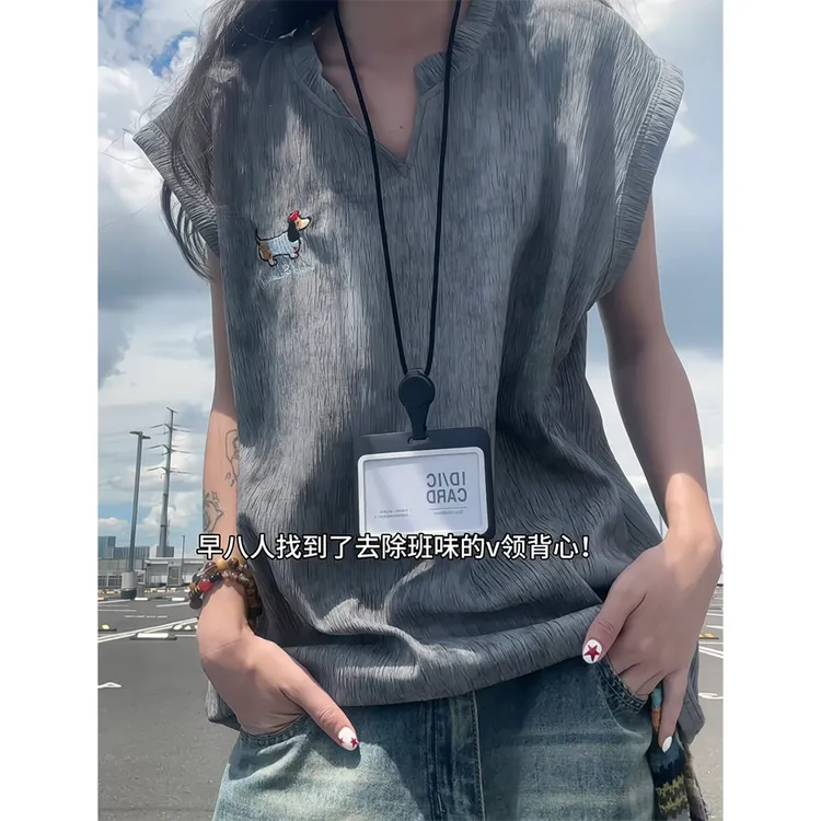 美式脏脏风扎染t恤男女同款夏腊肠狗刺绣肌理感V领无袖背心情侣装