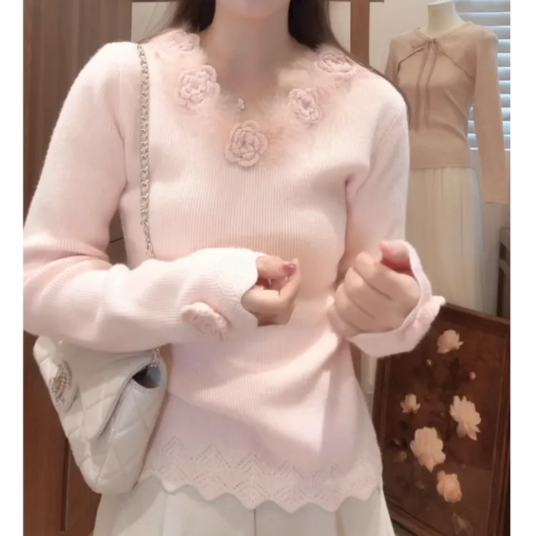 立体花朵毛茸茸V领长袖针织衫2025秋冬新款韩系温柔风气质上衣女