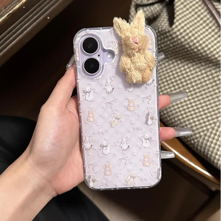 温柔风蝴蝶结碎花毛绒兔子适用苹果17promax手机壳iphone16新款15